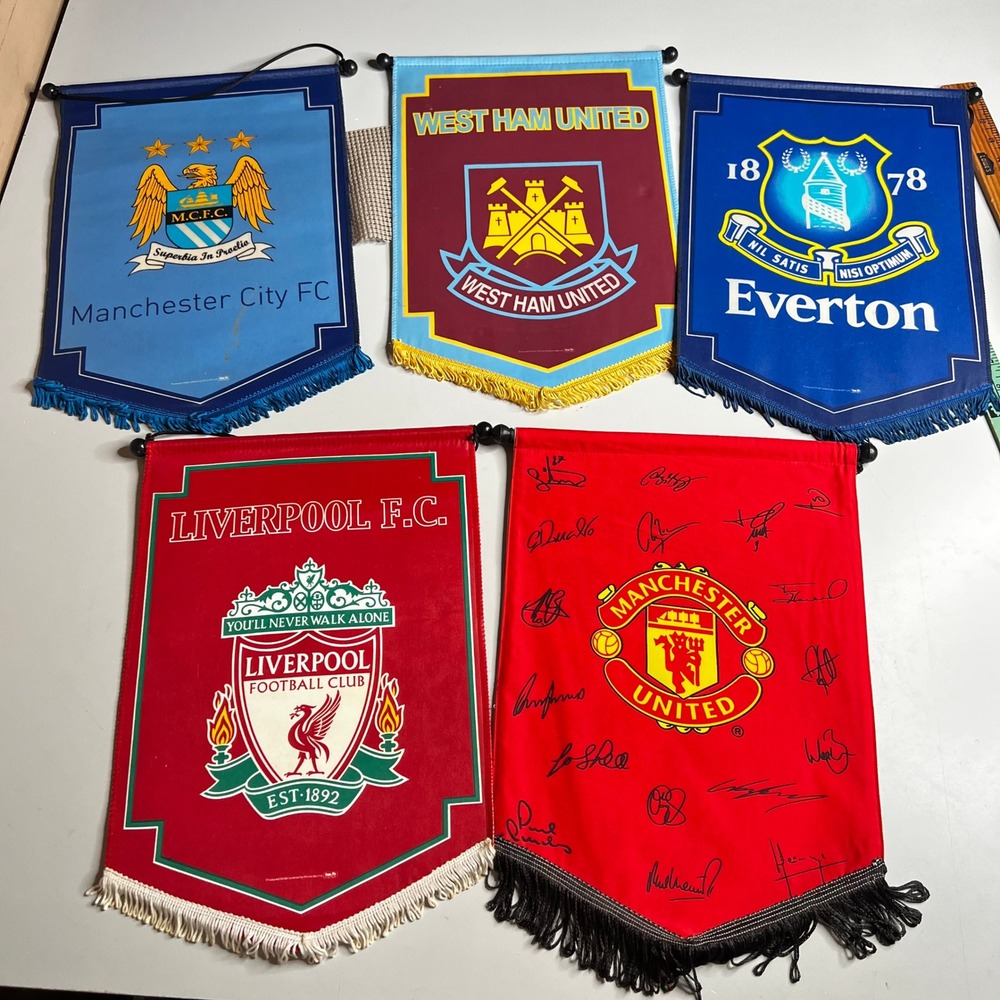 Vintage Premier League Pennant Lot Manchester United Liverpool Man City 5pc Set
